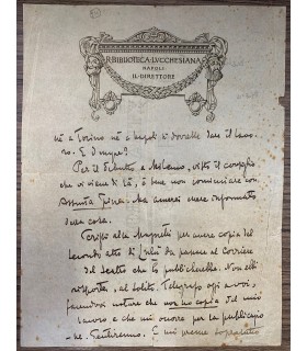 Lettera su carta intestata R. Biblioteca Lucchesiana Napoli - Il Direttore Salvatore Di Giacomo. Autografo