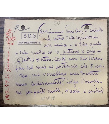 Lettera su cartoncino Salvatore Di Giacomo. 1913
