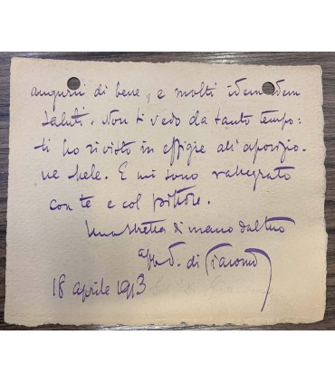 Lettera su cartoncino Salvatore Di Giacomo. 1913