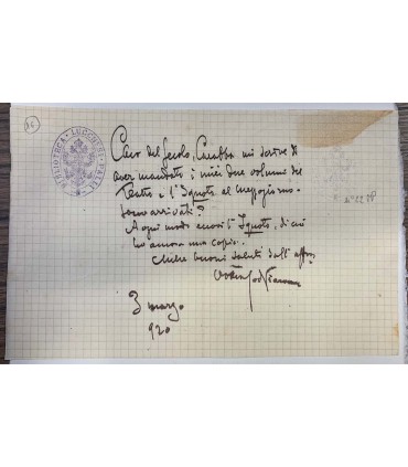 Biglietto a Floriano Del Secolo, autografo di Salvatore Di Giacomo.