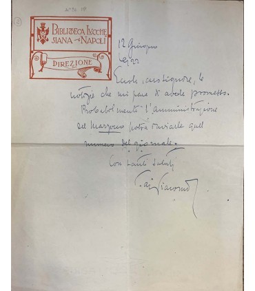 Lettera autografo di Salvatore Di Giacomo. 1922